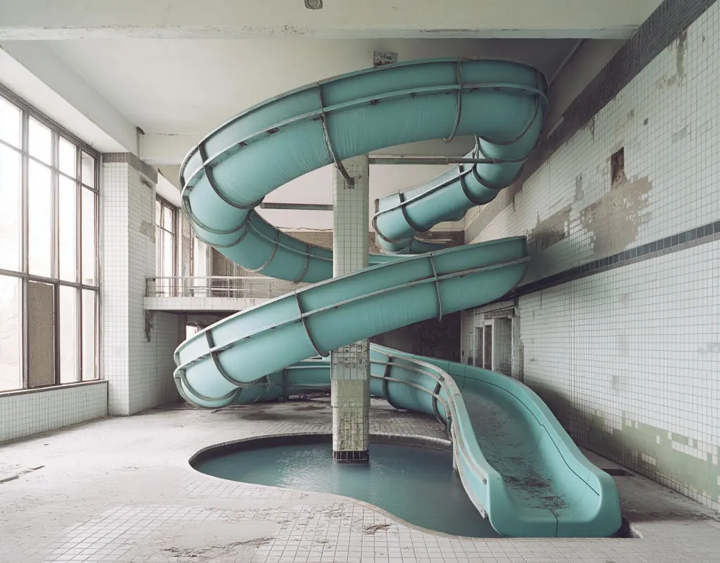 Imaginary abandoned training pool and water slide